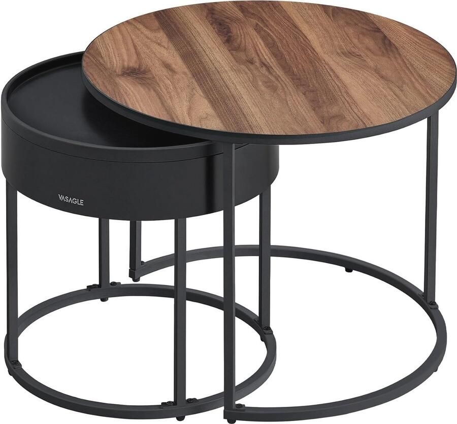 Moderne ronde salontafel set van 2 met opbergruimte Natuurlijke walnoot en zwart