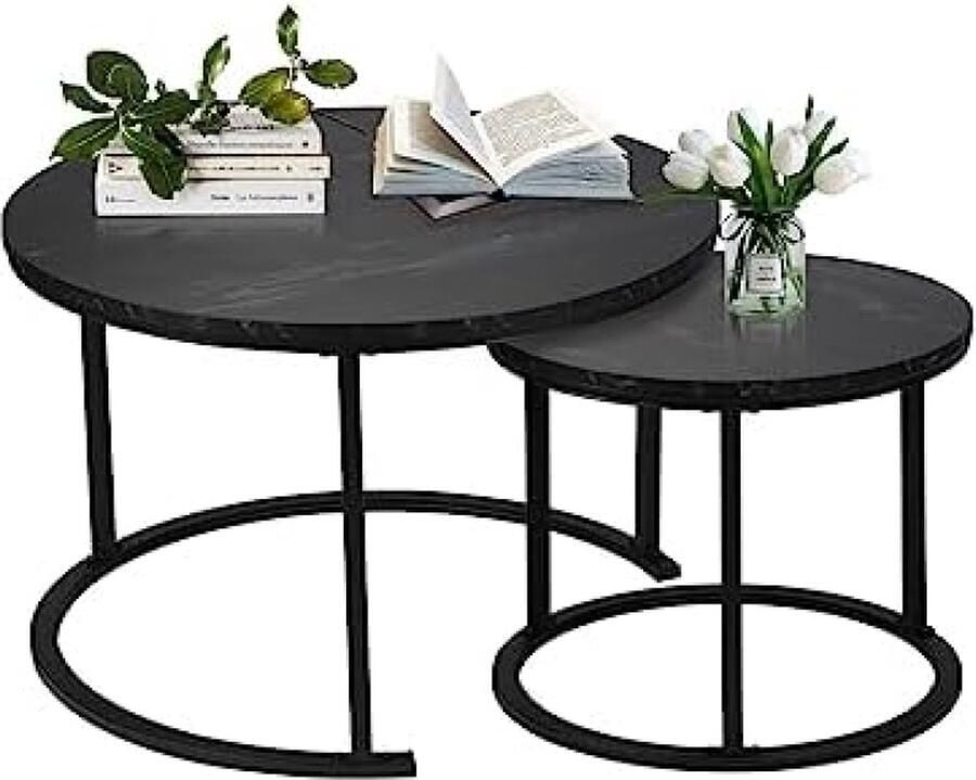 Moderne ronde salontafel set van 2 waterdichte metalen houder en marmerpatroon voor woonkamer balkon kantoor