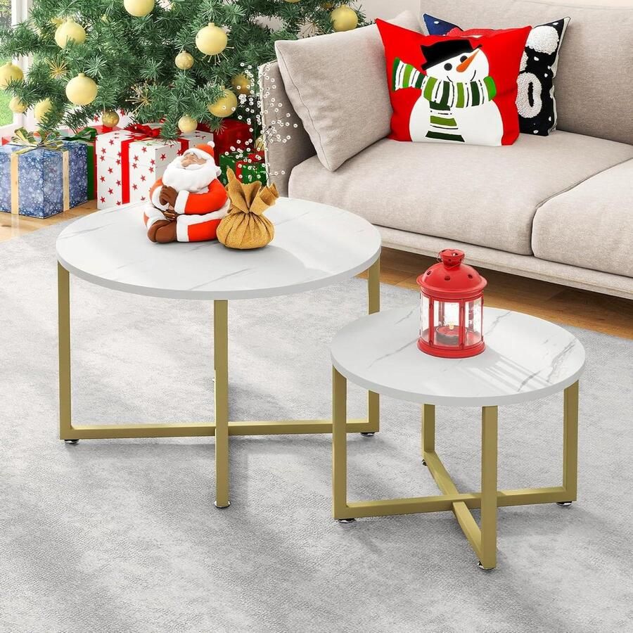 Moderne ronde salontafel set van 2 met goudkleurig frame wit