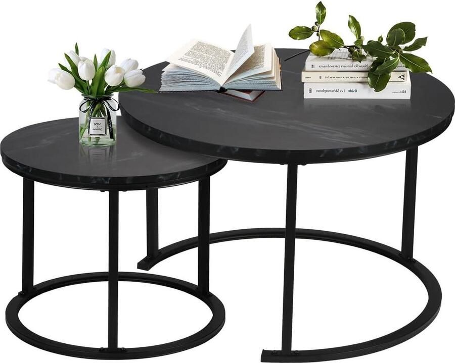 Moderne ronde salontafel stijlvol en veelzijdig 2 stuks zwart wit metaal en marmer
