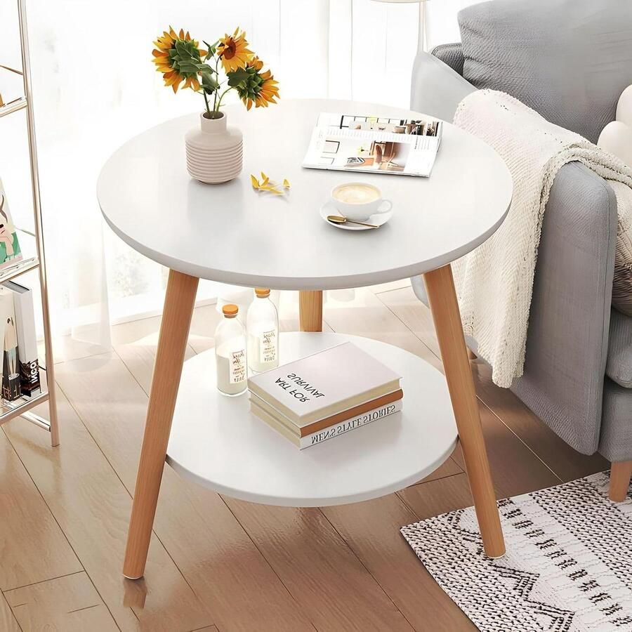 Moderne ronde salontafel van hout met opbergrek Bijzettafel met 2 dieren 40 x 40 x 52 cm Warm wit Klein Voor woonkamer slaapkamer keuken balkon Bijzettafel