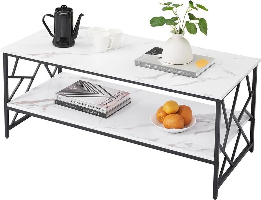 Moderne salontafel 110 x 50 cm – rechthoekig wit en zwart marmer en metaal met 2 legplanken