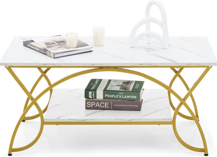 Moderne salontafel met 2 niveaus in marmerlook metalen frame van goudkleurig metaal stabiel voor slaapkamer woonkamer balkon