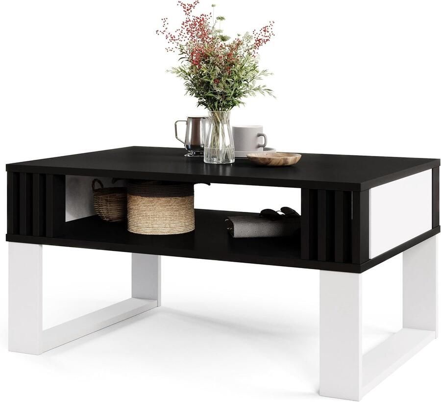 Moderne Salontafel met Houten Lamellen – Rechthoekige Design Tafel met Opbergplank