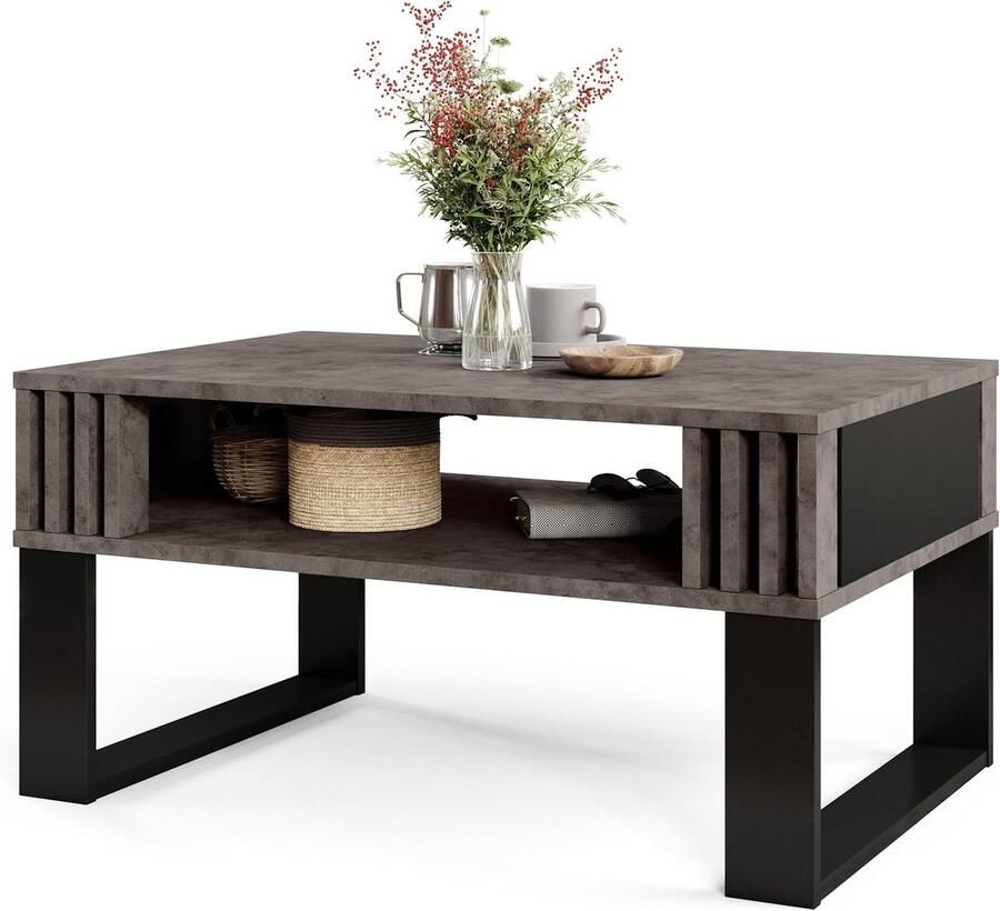 Moderne Salontafel met Houten Lamellen – Rechthoekige Design Tafel met Opbergplank voor de Woonkamer