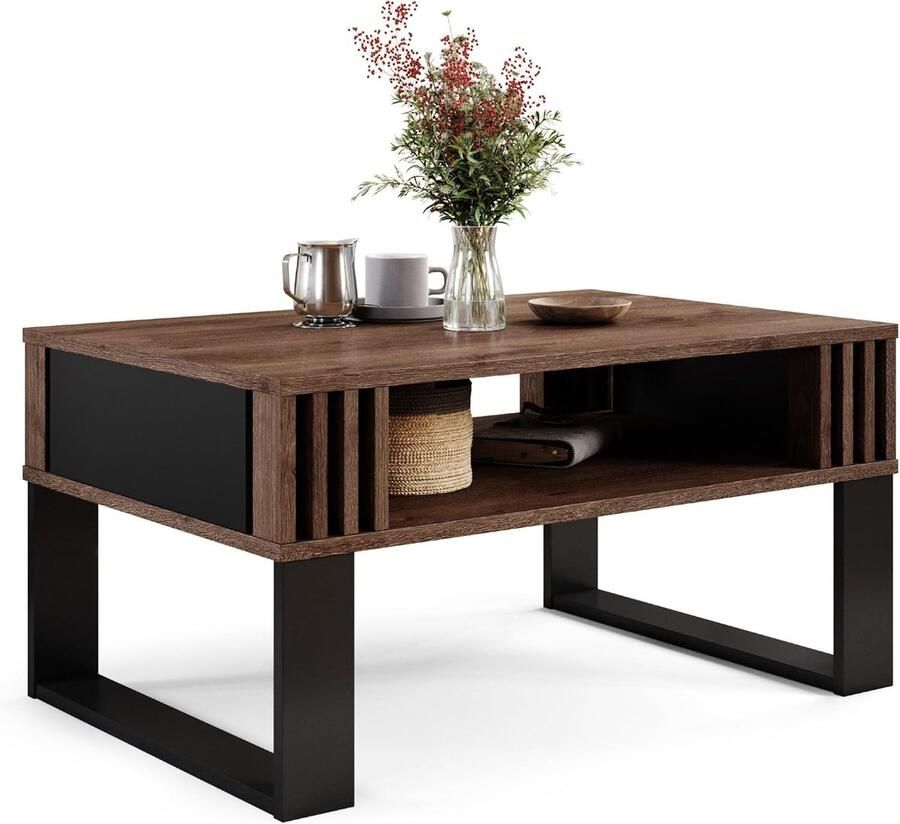 Moderne Salontafel met Houten Lamellen – Rechthoekige Design Tafel met Plank voor de Woonkamer