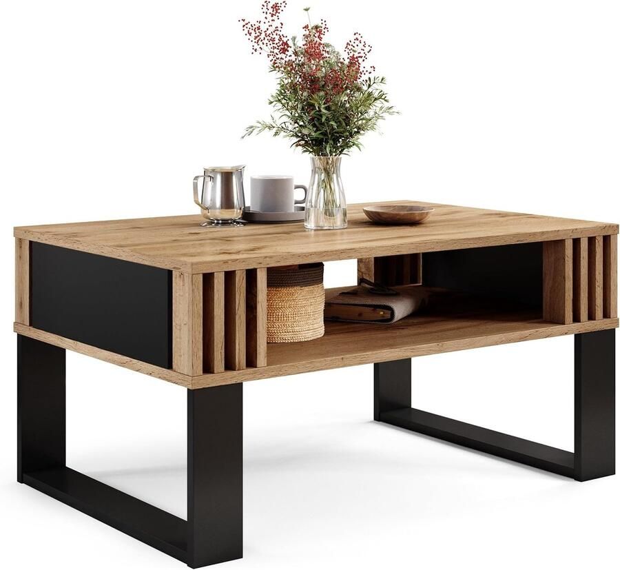 Moderne Salontafel met Houten Lamellen – Rechthoekige Tafel met Opbergplank Eigentijds Design voor de Woonkamer