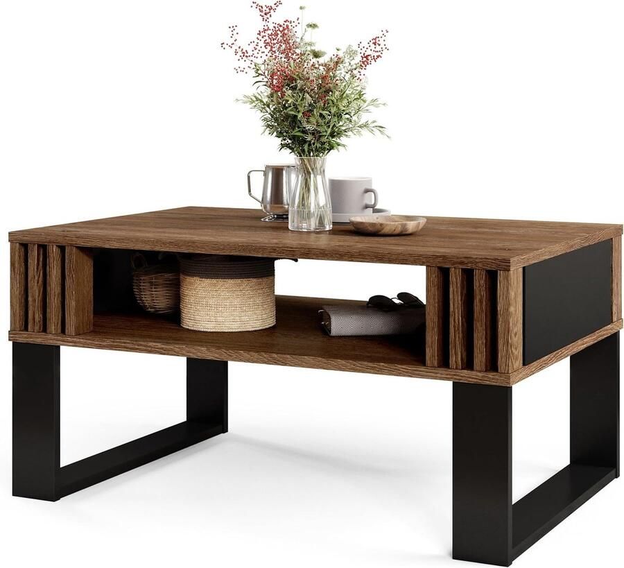 Moderne Salontafel met Houten Lamellen – Rechthoekige Tafel met Opbergplank in Eigentijds Design