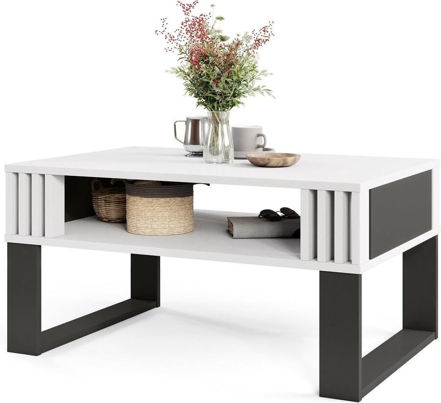 Moderne Salontafel met Houten Lamellen – Rechthoekige Tafel met Opbergruimte voor een Eigentijdse Woonkamer