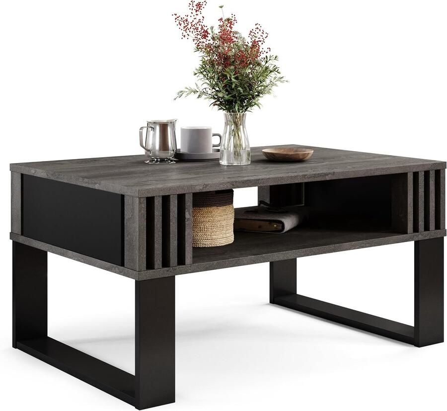 Moderne Salontafel met Houten Lamellen – Rechthoekige Tafel met Plank Eigentijds & Elegant Design voor de Woonkamer