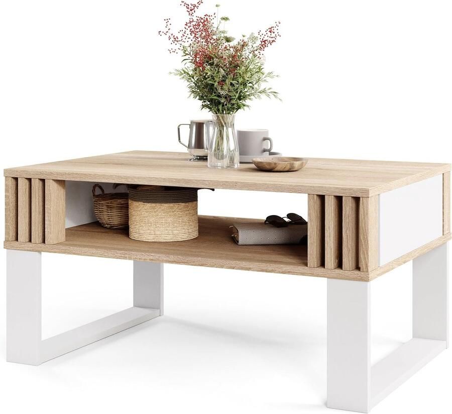 Moderne Salontafel met Houten Lamellen – Rechthoekige Woonkamertafel met Opbergplank in Stijlvol Design
