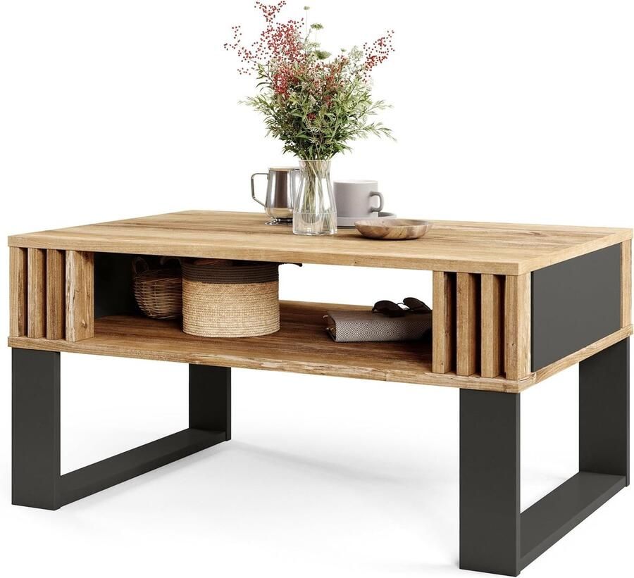 Moderne Salontafel met Houten Lamellen – Rechthoekige Woonkamertafel met Opbergruimte en Eigentijds Design