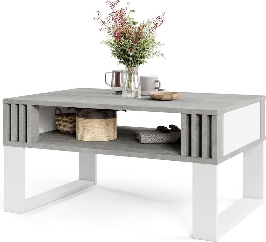 Moderne Salontafel met Houten Lamellen – Rechthoekige Woonkamertafel met Plank in Eigentijds Design