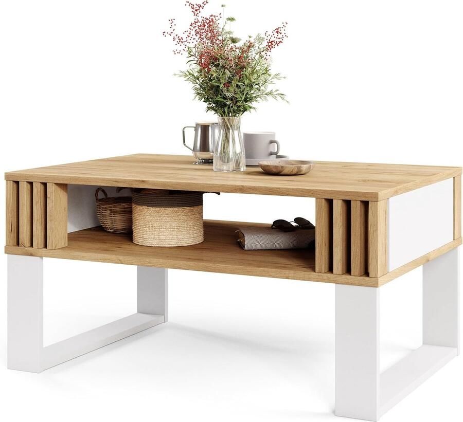 Moderne Salontafel met Houten Lamellen – Rechthoekige Woonkamertafel met Plank in Eigentijds Design