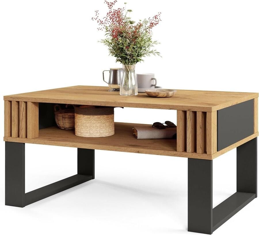 Moderne Salontafel met Houten Lamellen – Rechthoekige Woonkamertafel met Plank in Eigentijds Design