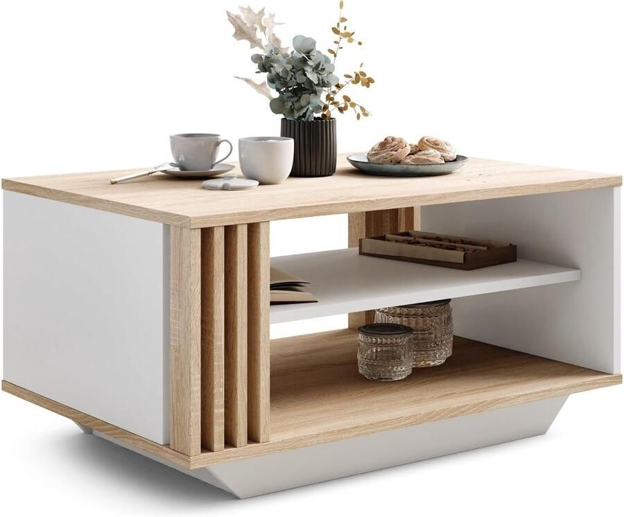 Moderne Salontafel met Lamellen en Opbergruimte – Sonoma Eik & Wit – Stijlvolle Rechthoekige Tafel voor de Woonkamer