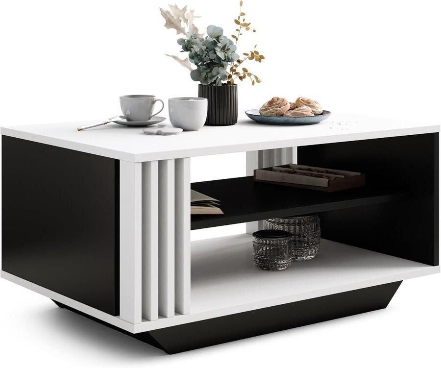 Moderne Salontafel met Lamellen en Opbergruimte – Wit & Zwart – Rechthoekige Koffietafel voor de Woonkamer