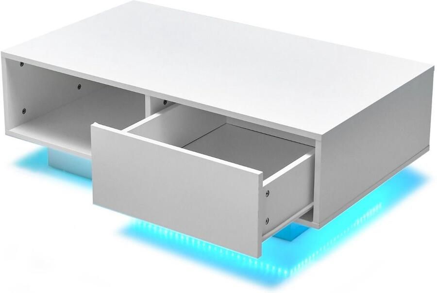 Moderne salontafel met LED-verlichting (20 kleuren) – 95x55x31 cm met grote lade en opbergvak – Wit Zwart