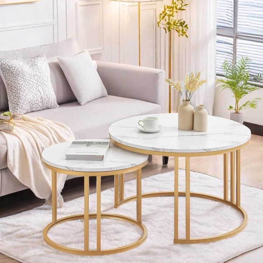 Moderne Salontafel Set van 2 met Marmerlook in Wit en Goud Diameter 70 + 50 cm Stapelbaar en Duurzaam