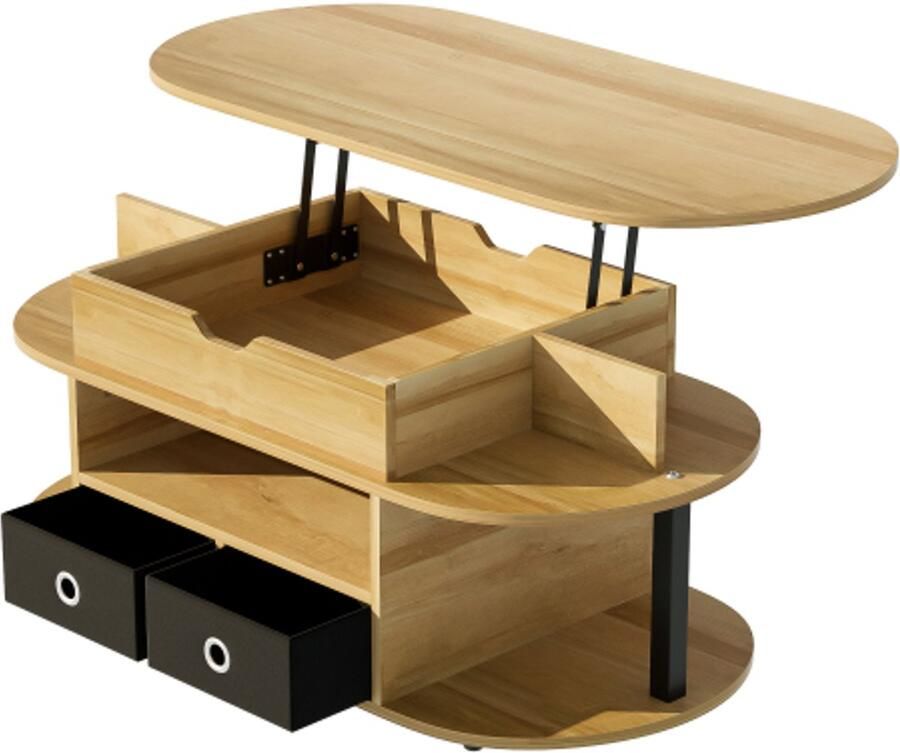 GOTAGEE Moderne salontafel van houtnerf met heffunctie opbergruimte en zwarte stoffen laden – voor de woonkamer en het kantoor