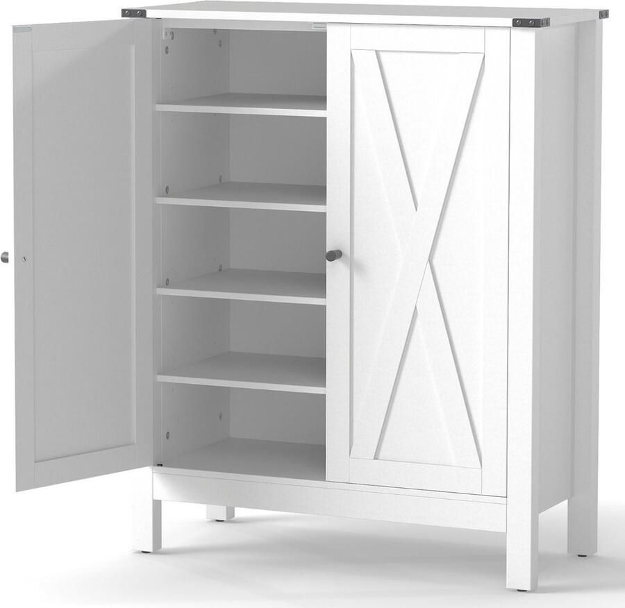 Moderne Schoenenkast – Farmhouse Stijl – 6 Niveaus – Met Deuren en Verstelbare Planken – Wit