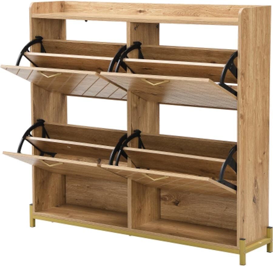 Moderne schoenenkast in houtlook – 4-deurs schoenenkast – Ruimtebesparende schoenenkast voor entree hal of gang