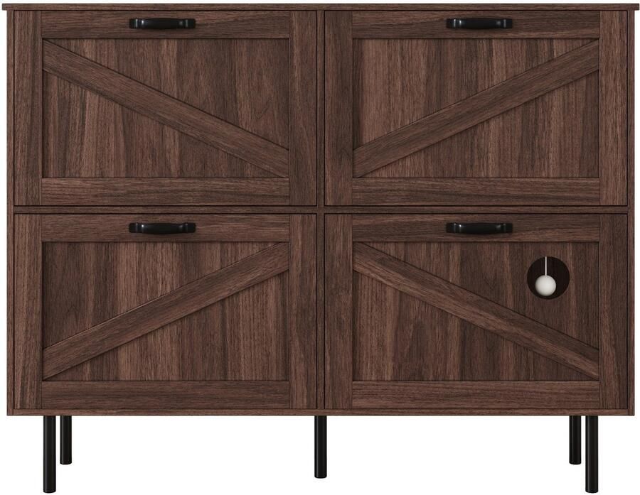 Moderne schoenenkast met 4 deuren – Opvouwbaar schoenenrek voor 7-9 paar schoenen multifunctioneel dressoir en halmeubel met huisdier-vriendelijk compartiment walnoothoutlook