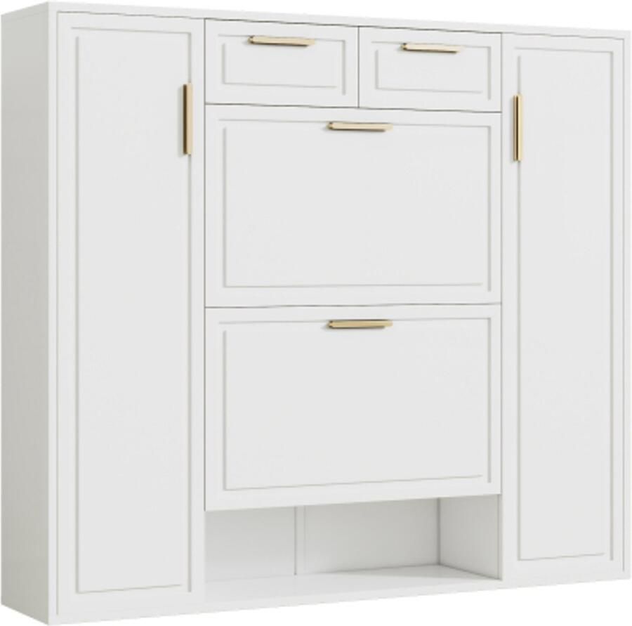 Moderne schoenenkast met verstelbare planken gouden handgrepen 2 lades opvouwbare schoenenkast en 2 deuren wit B120 D24 H107 CM