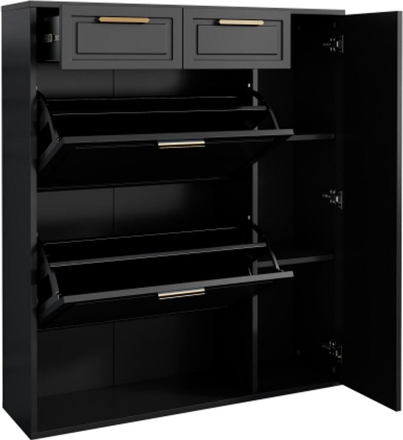 Moderne schoenenkast met verstelbare planken gouden handgrepen laden opvouwbare schoenenkast en deuren zwart B95 D24 H107