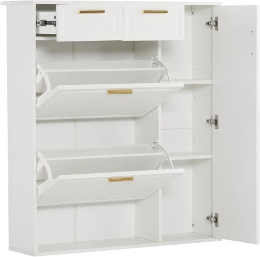 Moderne schoenenkast met verstelbare planken gouden handgrepen lades klepkast en deuren – Wit – B95 x D24 x H107 5 cm