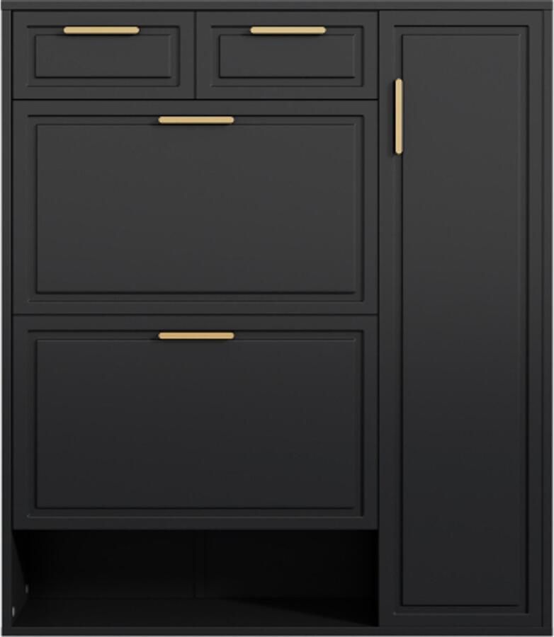 Moderne schoenenkast met verstelbare planken gouden handgrepen lades opvouwbare schoenenkast en deuren zwart B95 D24 H107