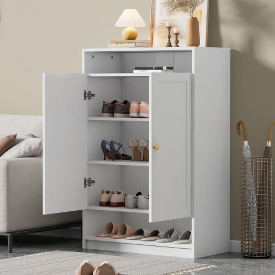 Steven moderne schoenenkast met verstelbare planken gouden handvatten schoenenkast met 2 deuren wit B73 D34 H109
