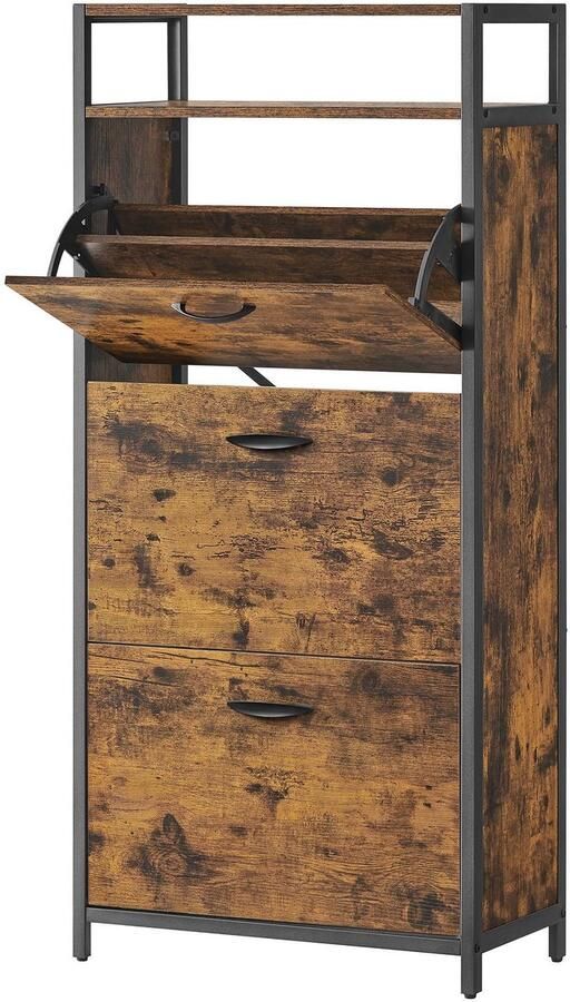 Moderne schoenenkast opbergrek met 3 klepdeuren en open vak geschikt voor 15-18 paar schoenen 60x30x130 cm bruin en zwart ideaal voor hal en slaapkamer