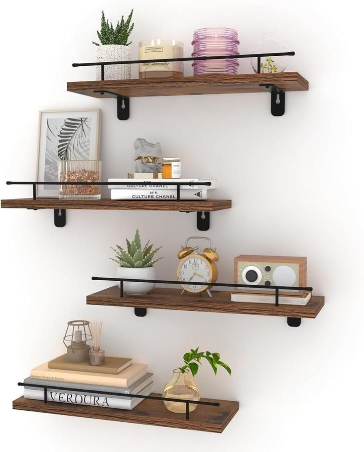 Moderne Set van 4 Zwevende Wandplanken met Zwarte Metalen Stangen en Houten Planken