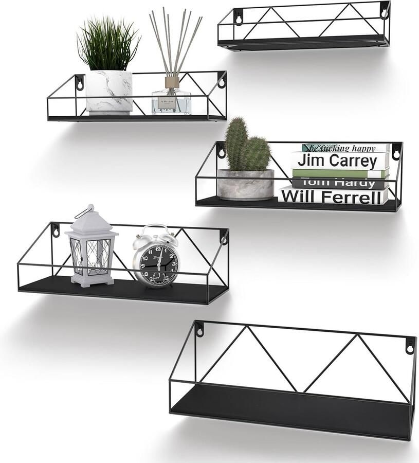 Moderne Set van 5 Zwevende Wandplanken met Zwarte Houten Planken en Metalen Bevestiging
