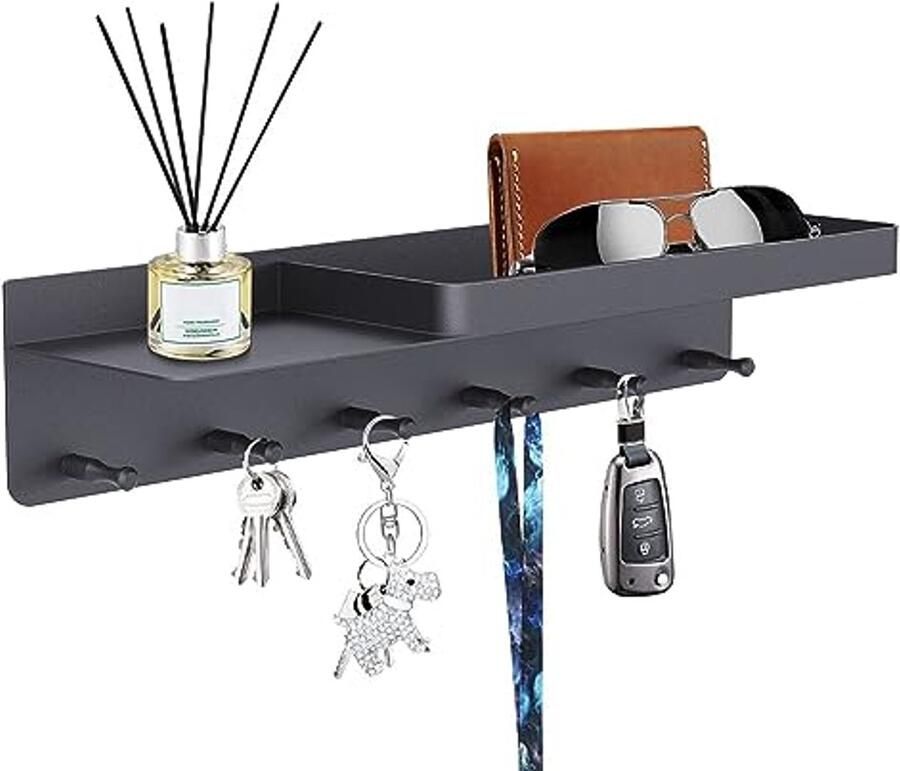 Moderne Sleutelhouder met Plank en 6 Haken Zwart Wandrek voor Sleutels en Post