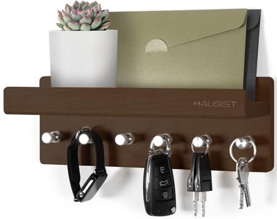 Moderne Sleutelhouder van Hout met Plank en Roestvrijstalen Haken