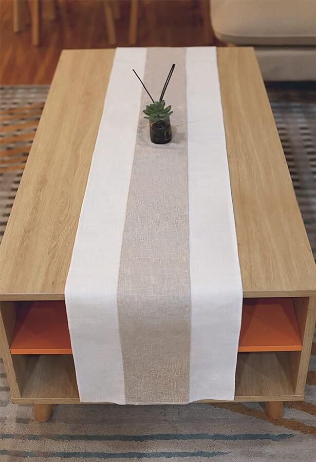 Moderne Tafelloper Bamboe Knoophennep 1 stuk Wit en Lichtbruin 180 x 30 cm