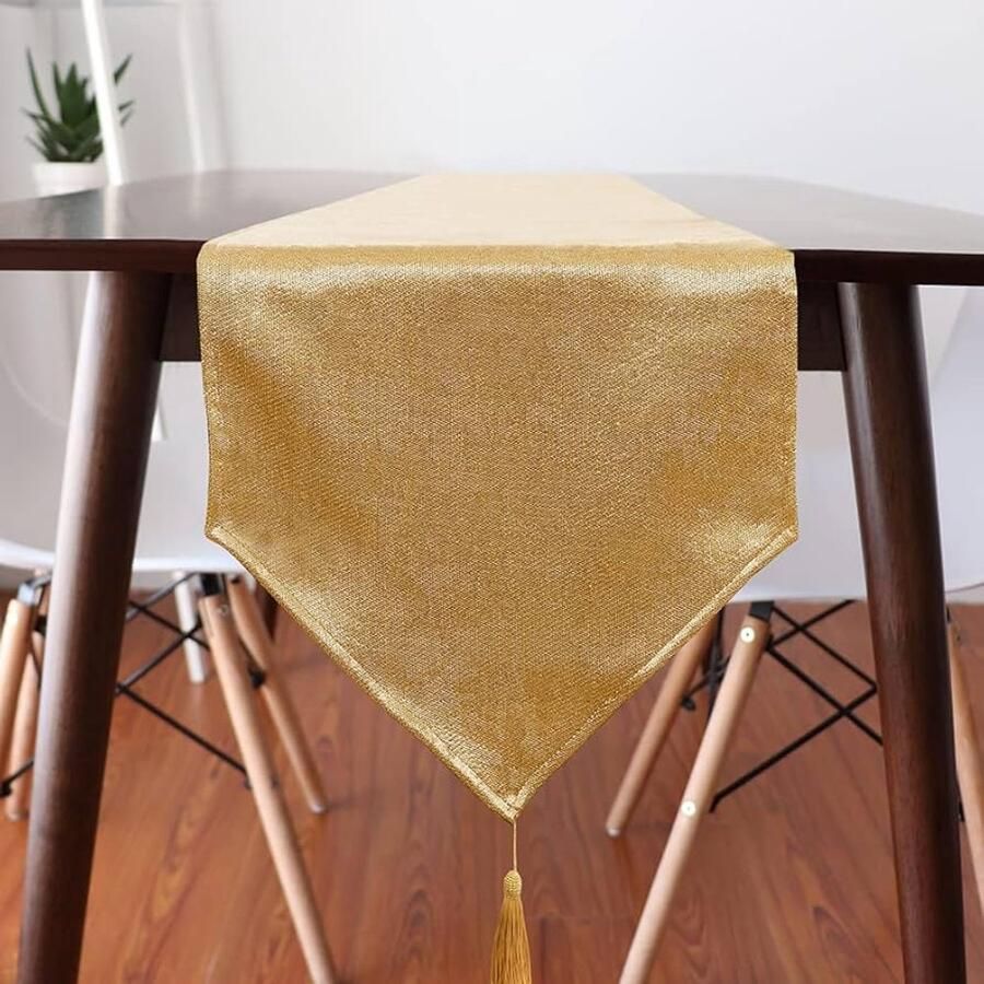 Moderne tafelloper in linnen-look waterdicht goud 35 x 300 cm