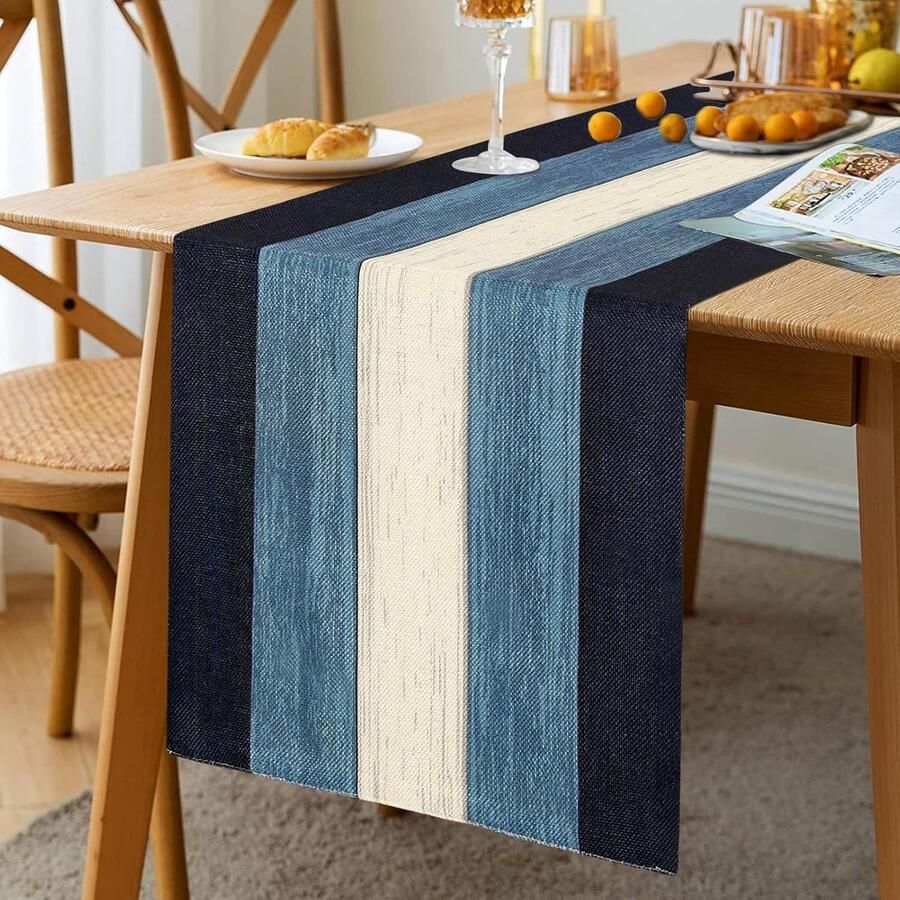 Moderne tafelloper winter decoratie 1 stuk diep blauw met houtnerf