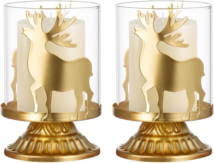 Moderne Theelicht Kaarsenhouders Set van 2 Gouden Decoratieve Kandelaar voor Kerst Tafel en Open Haard