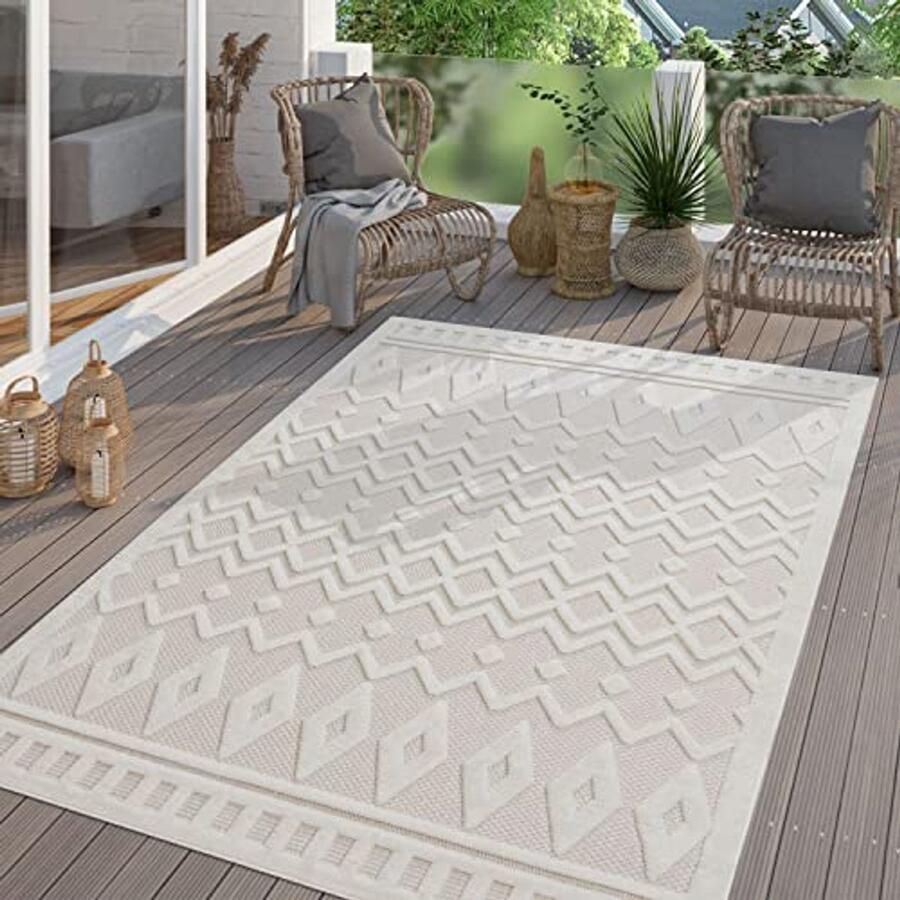 Moderne Tuin Vloerkleed voor Binnen en Buiten 120cm Boho 3D Effect in Crème