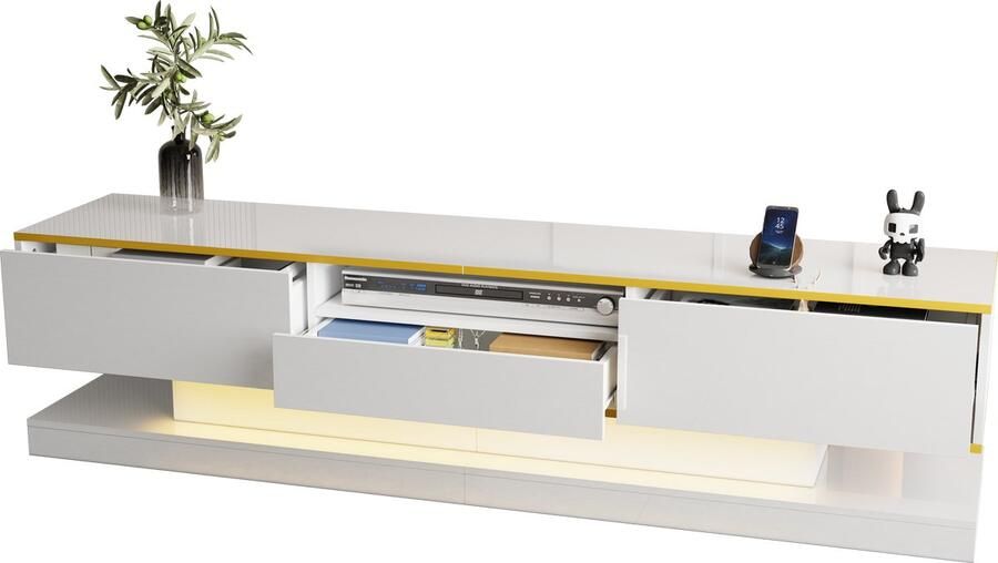 Moderne tv-kast met drie lades en één open vak hoogglans met kleurveranderende ledverlichting 180*38*45cm