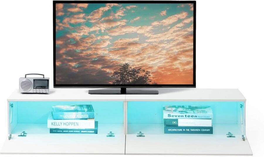 Moderne tv-kast met LED-verlichting – wit lowboard met 2 deuren hangend tv-meubel met veel opbergruimte 180 x 33 x 33 cm