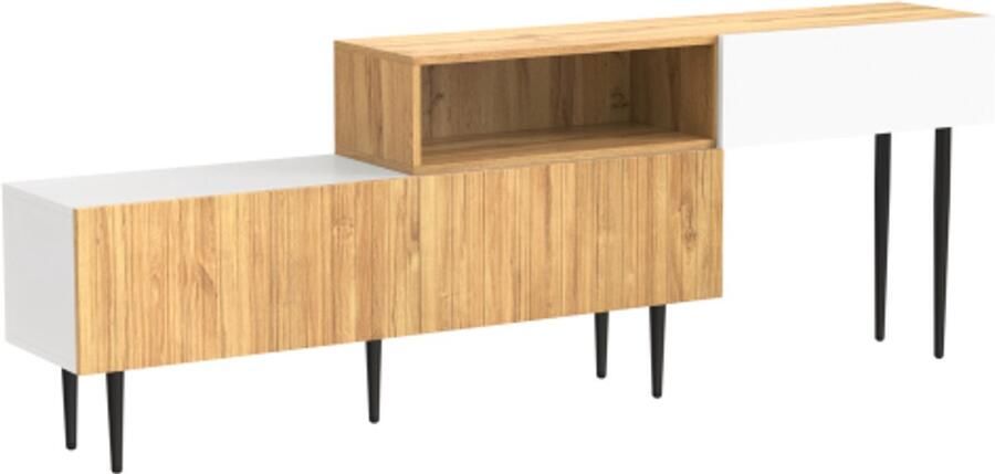 Moderne tv-kast met verstelbare lengte modulair 2-delig design houtlook + mat wit zwarte metalen poten multifunctioneel woonkamermeubel