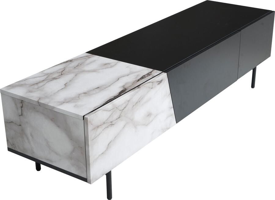 Rootz Living Rootz Moderne TV-onderkast Lowboard Marmeren Decor Rechthoekige Opbergruimte Ruime Plank 150cm x 40cm x 40cm Wit & Zwart Geschikt voor TV's tot 70 inch Antislipnoppen 30kg Laadvermogen