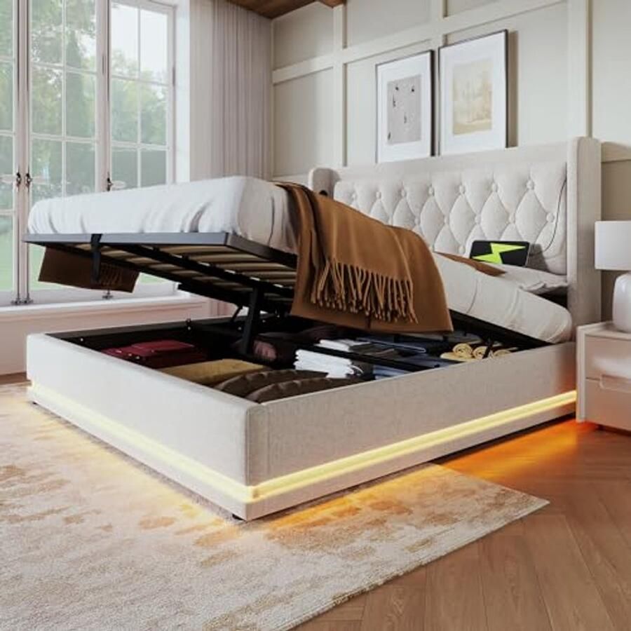 Moderne Tweepersoonsbed met Opbergruimte 160 x 200 cm Gevoerde Hoofdbord Functioneel Boxspringbed