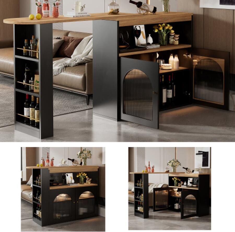 138-193X39X105CM Moderne uitschuifbare bartafel uitschuifbare eettafel met opbergruimte bartafel bistrotafel draaibaar voor eetkamer met 1m lange LED-lichtstrip (verstelbare lichtkleur) zwart