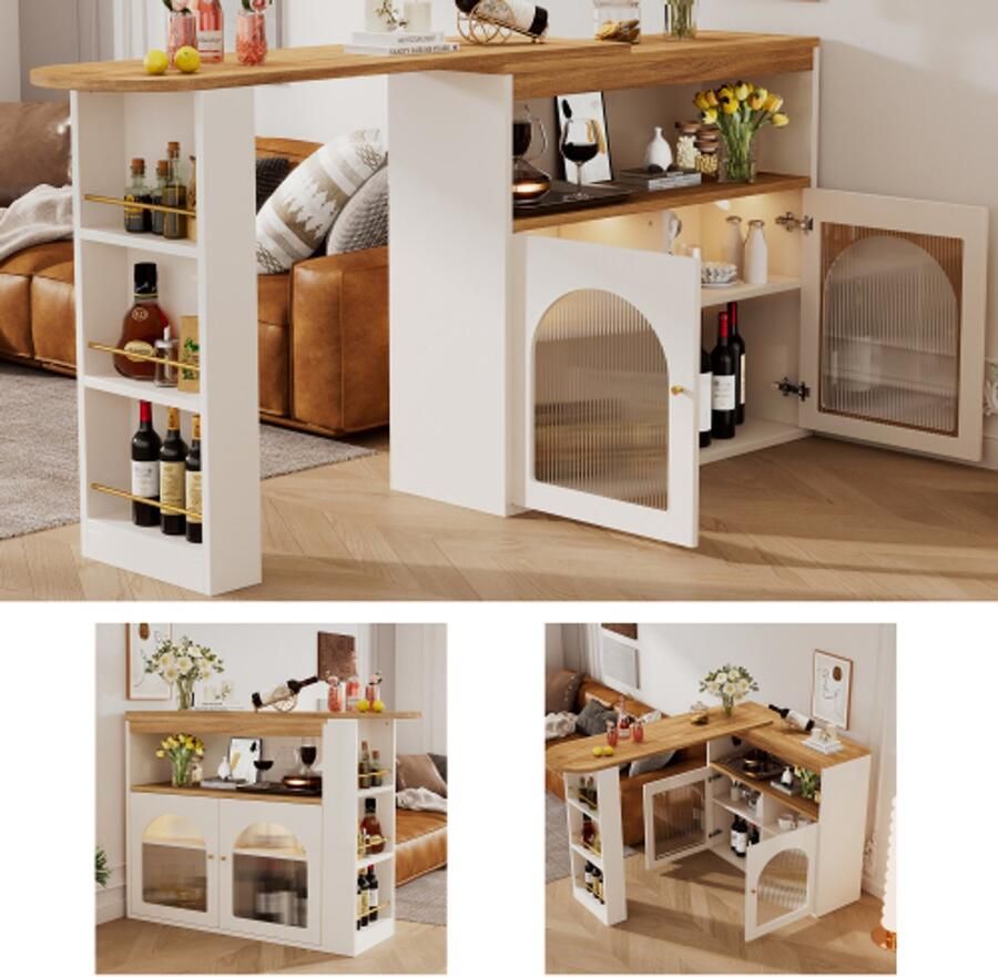 138-193X39X105CM Moderne uitschuifbare bartafel uitschuifbare eettafel met opbergruimte bartafel bistrotafel draaibaar voor eetkamer met 1m lange LED-lichtstrip (verstelbare lichtkleur)