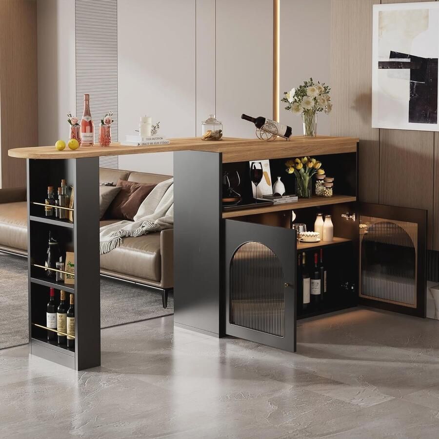 Moderne Uittrekbare Bartafel met Opbergruimte en L-E-D Lichtstrip Draaibare Statafel voor Eetkamer